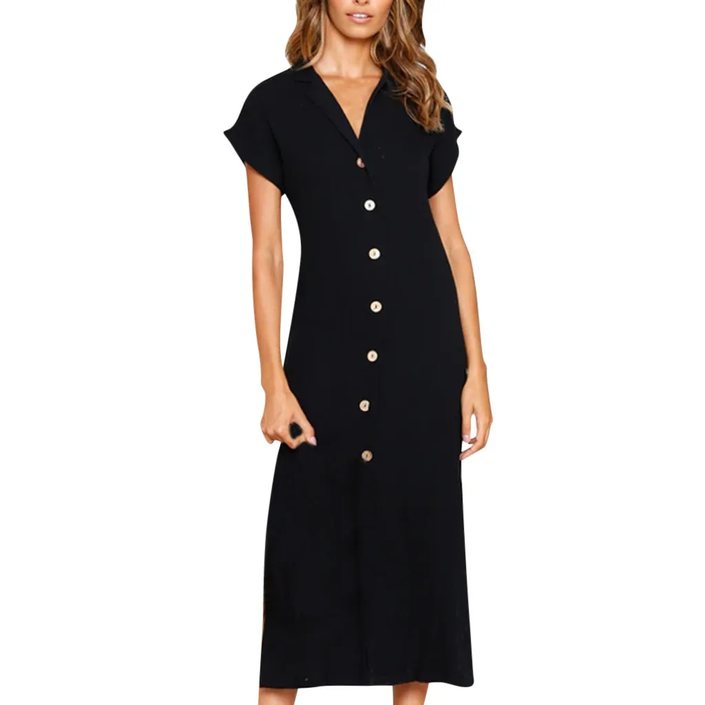 

JAYCOSIN Women Dress Elegant Evening Long 2019 Ladies Solid Color Casual Buttoned Short Sleeve VNeck Maxi Mid-Calf Dress Vestido