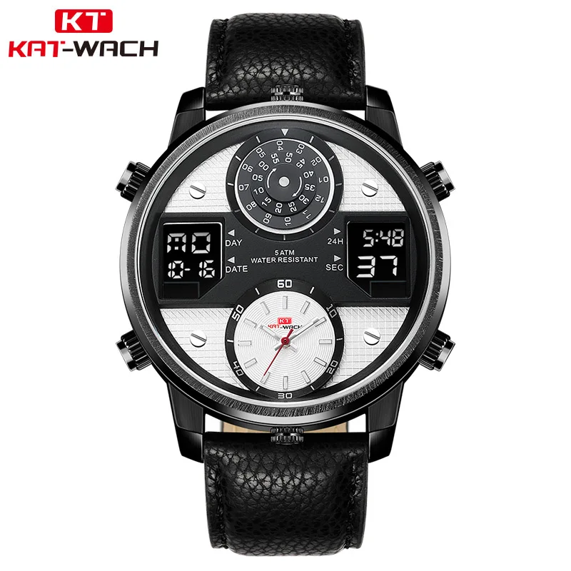 KAT-WACH брендовые роскошные мужские спортивные часы водонепроницаемые кожаные с большим циферблатом деловые кварцевые цифровые часы с двойным часовым механизмом мужские часы - Цвет: white