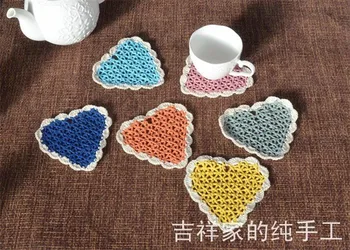 

the best selling European 12x12cm cotton crochet lace doilies for wedding decor heart design coaster with colorful pad cup heart