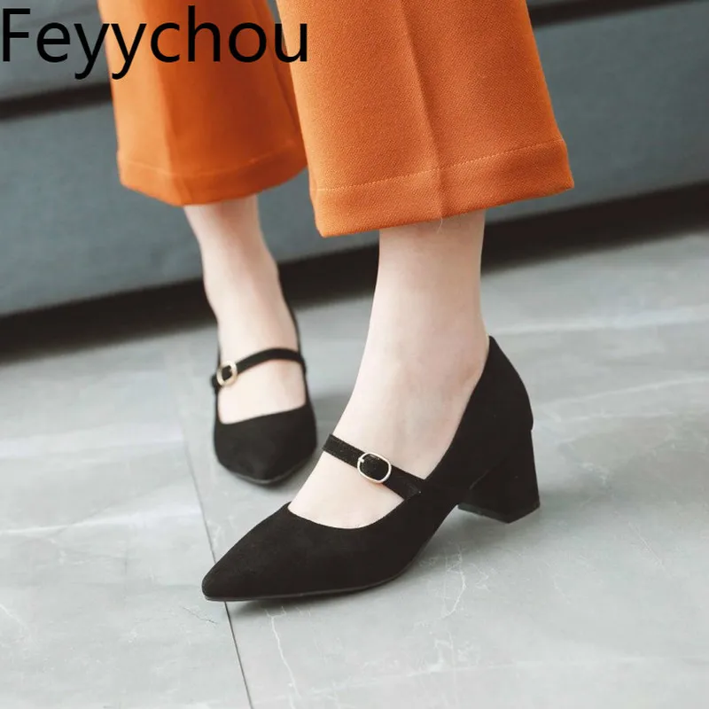 

Women Pumps Shoes Med Heel Flock Pointed Toe Buckle Strap 2018 Summer New Sweet Fashion Casual Wedding Office Dress Black Gray