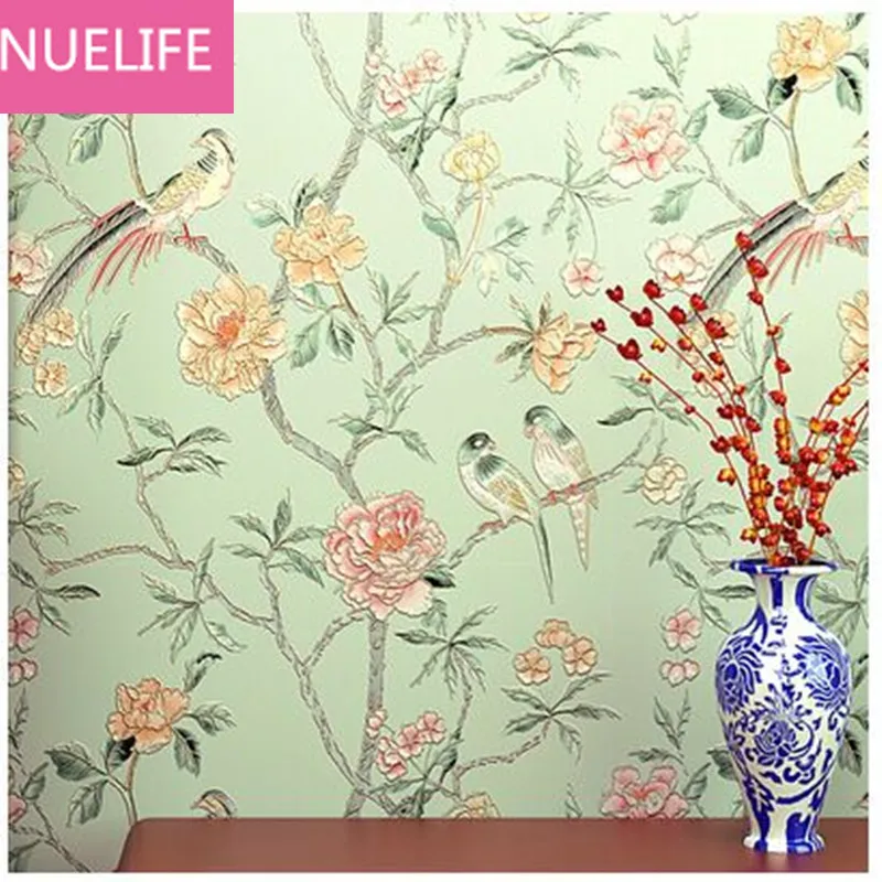 

0.53x10m Modern retro Chinese flower bird wallpaper living room bedroom entrance TV background wall non - woven wallpaper N4