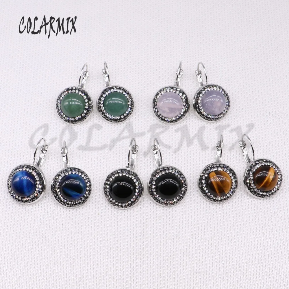 

Fashion Round natural stone stud earrings mix color stone earrings pave rhinestone stud earrings wholesale jewelry for lady 4268