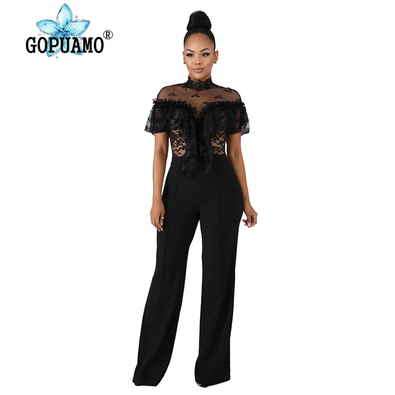 Sheer Mesh Lace Spliced Sexy Jumpsuit Women Stand Collar Short Sleeve Wide Leg Romper Elegant Ruffles See Through Party Bodysuit Sheer Mesh Lace Spliced Sexy Jumpsuit Women Stand Collar Short Sleeve Wide Leg Romper Elegant Ruffles See Through Party Bodysuit