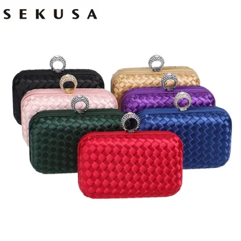 

SEKUSA Finger Ring Diamonds Women Evening Bags Candy Small Day Clutches Handbags Knitted Material Fashion Wedding Purse Bag