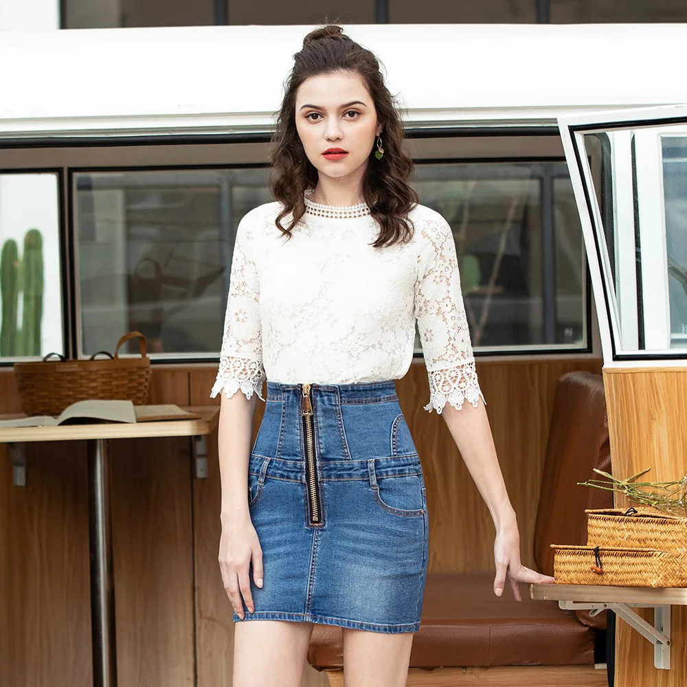 

Ladies summer new high waist black denim skirt Street hipster front zip skirt skirt hip denim skirt
