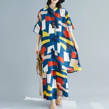 

Plus Size Women Sets Cotton Linen Summer Female Lady Tops Shirt Loose Big Size Long Pants Set Suit Print Geometric 2019 LP358