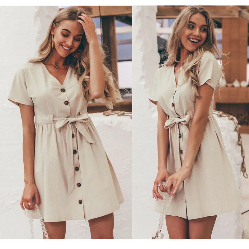 

Casual Cotton Button Summer Dress Women 2019 Vintage V neck Short Sleeve Bow Belt Short Shirt Dress Female Sundress Evening dres