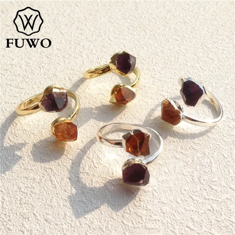 

FUWO Wholesale Irregular Crystal Quartz Rings,Golden Plated Double Stone Amethysts Citrines Adjustable Ring For Women 5Pcs RG010