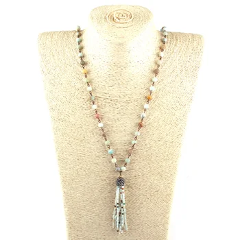 

Fashion Bohemian Tribal Jewelry 6mm india Agat bead Knotted Stone Tassel Pendant Long Necklace
