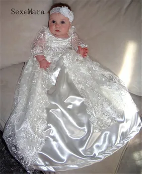 

Heirloom baptism dress Baby Girls Royal christening gown Floor Length Baby Girls Christening Dress with Headpiece Stone Belt