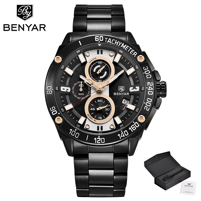 Топ люксовый бренд Мужские часы BENYAR новые модные деловые Часы мужские стальные водонепроницаемые кварцевые спортивные часы с хронографом Relogio Masculino - Color: S-Black Gold