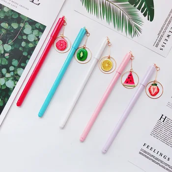 

1 Lot=40pcs Creative Fruit Slice Pendant Gel Pen Cute Watermelon Lemon Kiwi Pendant Pen Black Water Pen Student Signature Pen