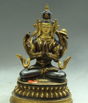 

10" Tibet buddhism bronze Gold 4 Arms Chenrezig Tara Kwan-Yin goddess buddha