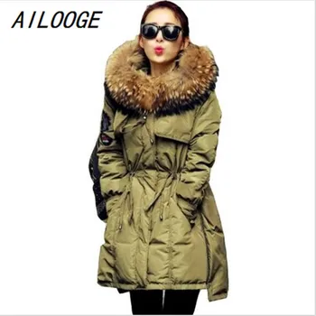 

AILOOGE 2017 Fur Winter Jacket Women White Duck Parka Jackets Natural Raccoon Fur Collar Female Winter Coat Women Parkas