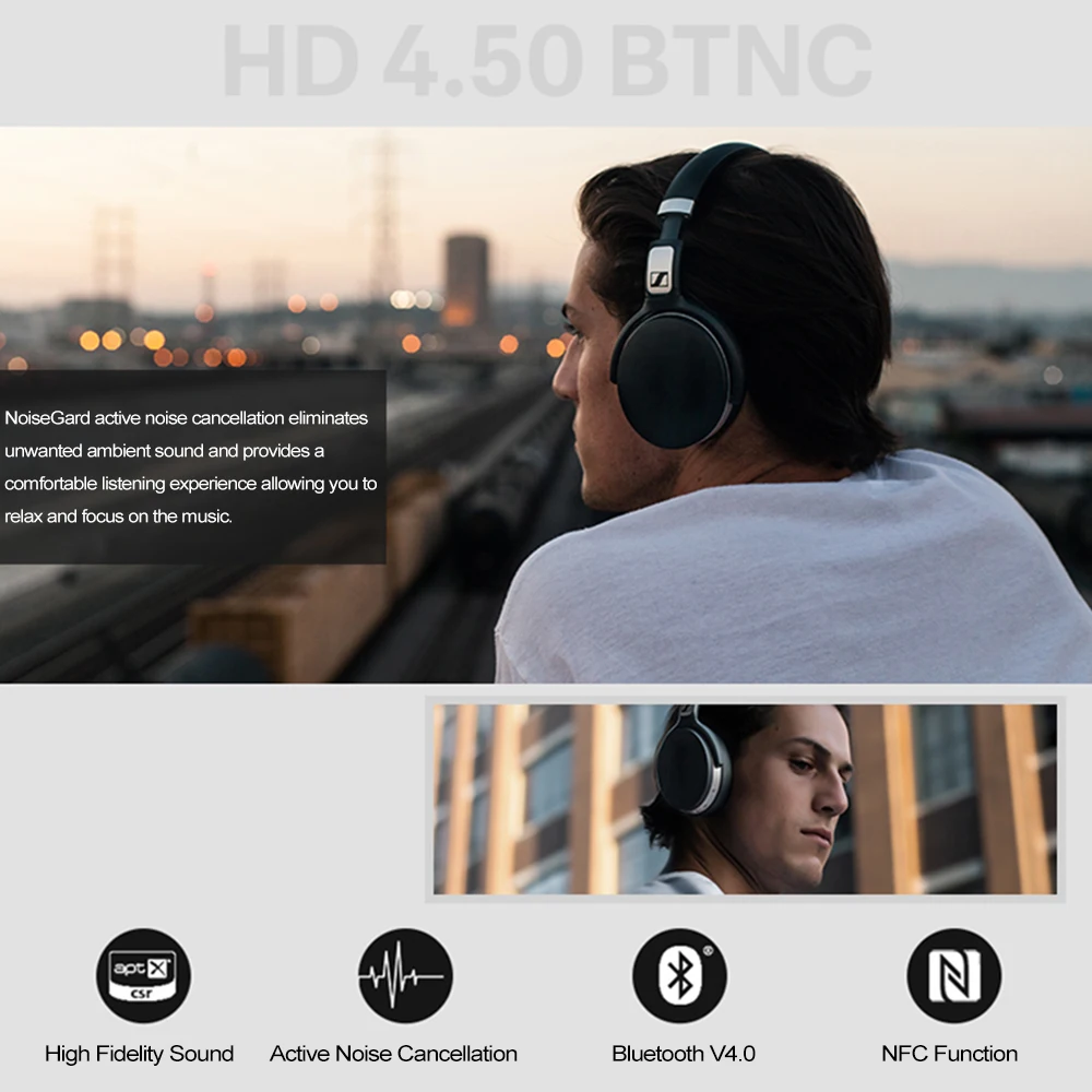 Беспроводные bluetooth-наушники Sennheiser HD 4,50 BTNC, Накладные Наушники Hi-Fi, наушники ANC Apt-X Bluetooth 4,0 NFC соединение