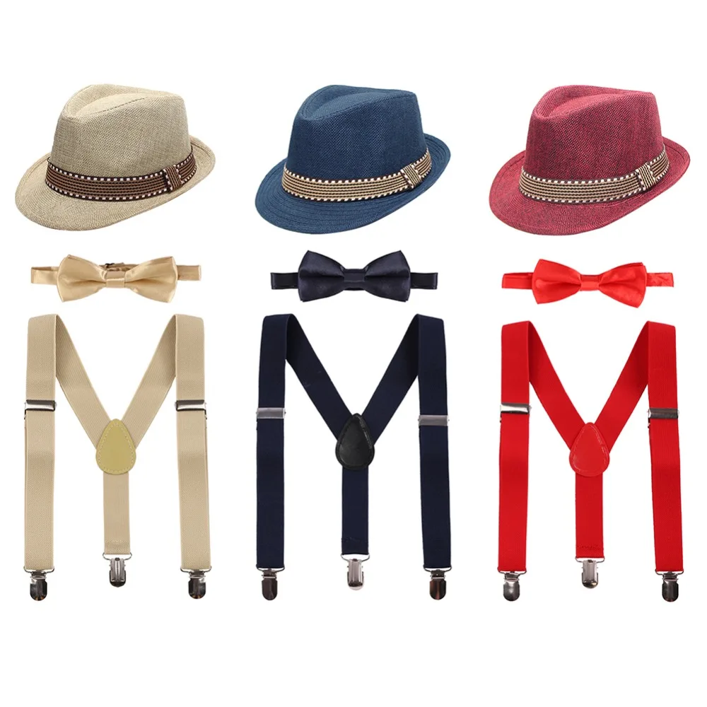 

3pcs Set Baby Kid Girl Boy Cake Smash Outfit Formal Fedora Bow Tie & Suspenders Bundle Hat Clothes Birthday Photo Props Outfits