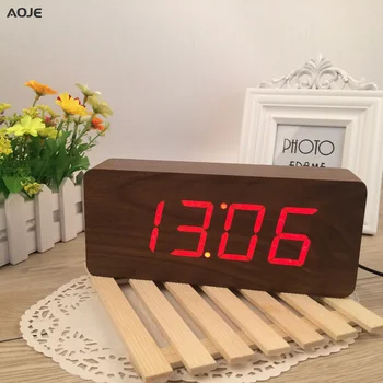 

High Quality handmade wooden Numbers Design Alarm Clock Sounds Control LED display wood clock designs 21*9*5cm reloj despertador