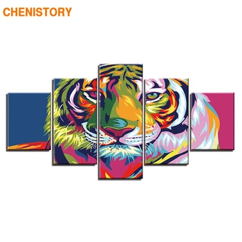 

CHENISTORY Frameless 5 Panels Color Animals DIY Painting By Numebrs Tiger Acrylic Paint By Numbers Handpainted For Home Decors