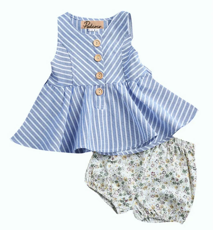 

US STOCK 2PCS Girls Set kids Baby Girls Outfits Sleeveles Striped Blouse Tops+Shorts Bottoms Sunsuit Children Clothes sets