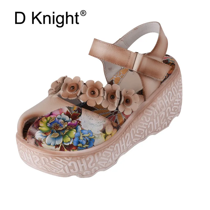 

Bohemian Women Sandals Genuine Leather Vintage Printed Wedges Slippers Women Shoes Summer Lady Platform High Heels Sandals Shoes