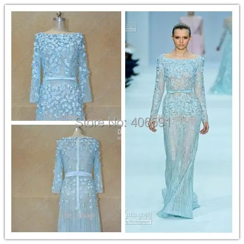 Free Shipping Full Long Sleeves Tulle Beading Floral Elie Saab