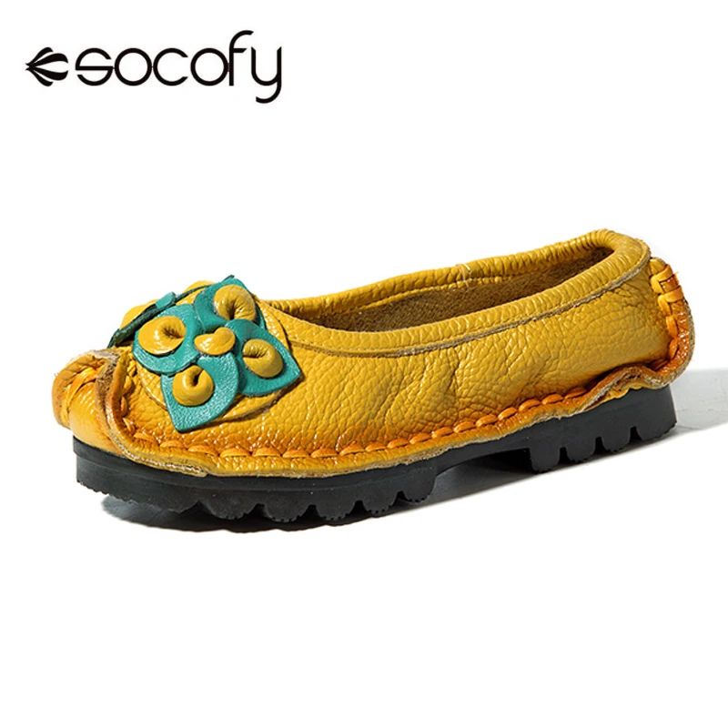 

Socofy Retro Flower Genuine Leather Flat Shoes Women Flats Summer Casual Shoes Woman Vintage Slip On Loafers Soft Sole Spring