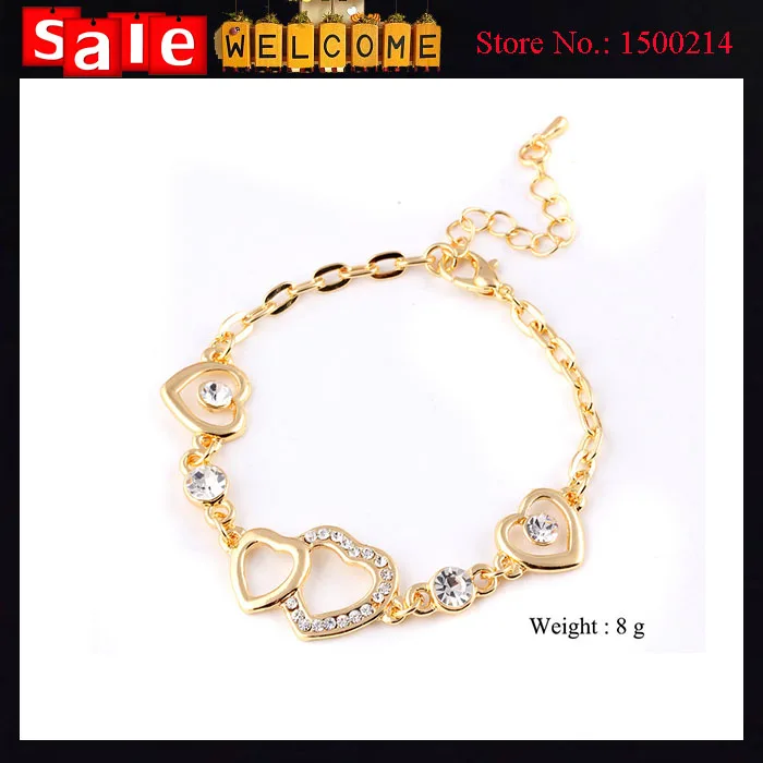 Indian Jewelry Statement Punk Cute 18k Gold Plated Heart Imitation Diamond Crystal Rhinestone Golden Love Bracelets Bangle Gift