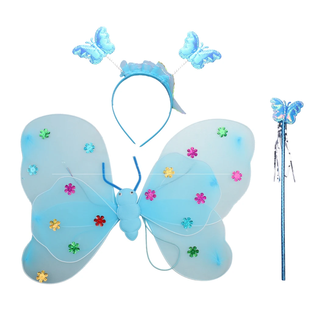 3 x Kids girls Fairy Princess Costume Sets Colorful Stage Wear Butterfly Wings Wand Headband Tutu Skirt Accessory Multi Color 