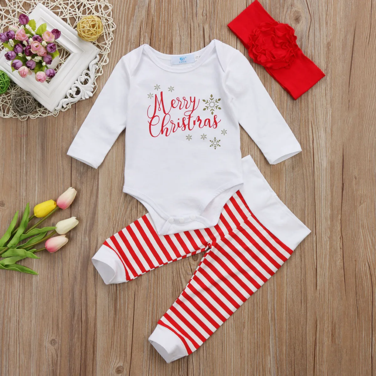 Рождественский костюм для новорожденных из 3 предметов, футболка, топ, комбинезон, длинные штаны, комплект одежды