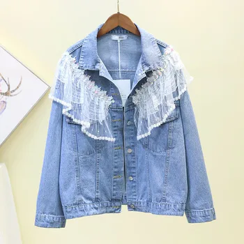 

Women Jackets 2019 New Lace Loose Sequined Denim Jacket Spring Summer Short Casual Jacket Appliques Stitching Blue Jeans Coat