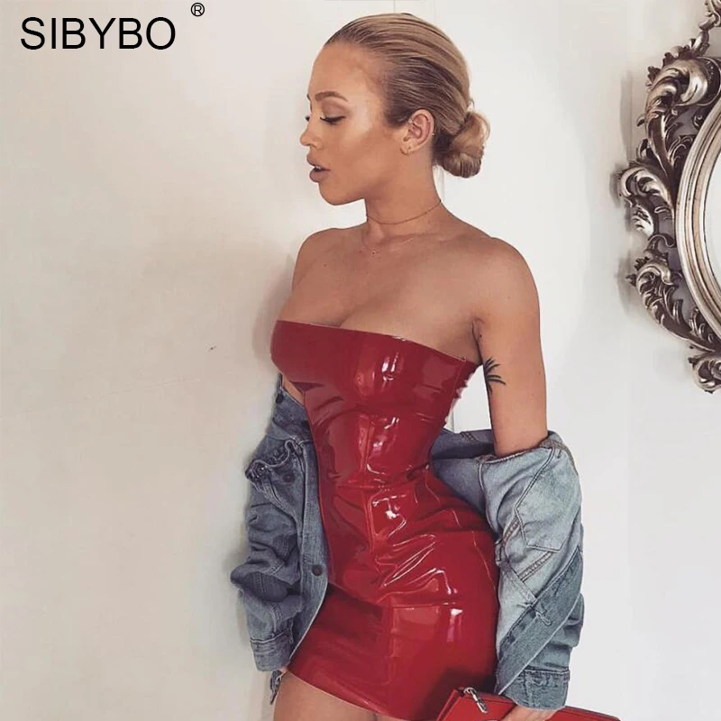 Sibybo Sexy Black PU Leather Women font b Summer b font font b Dress b font