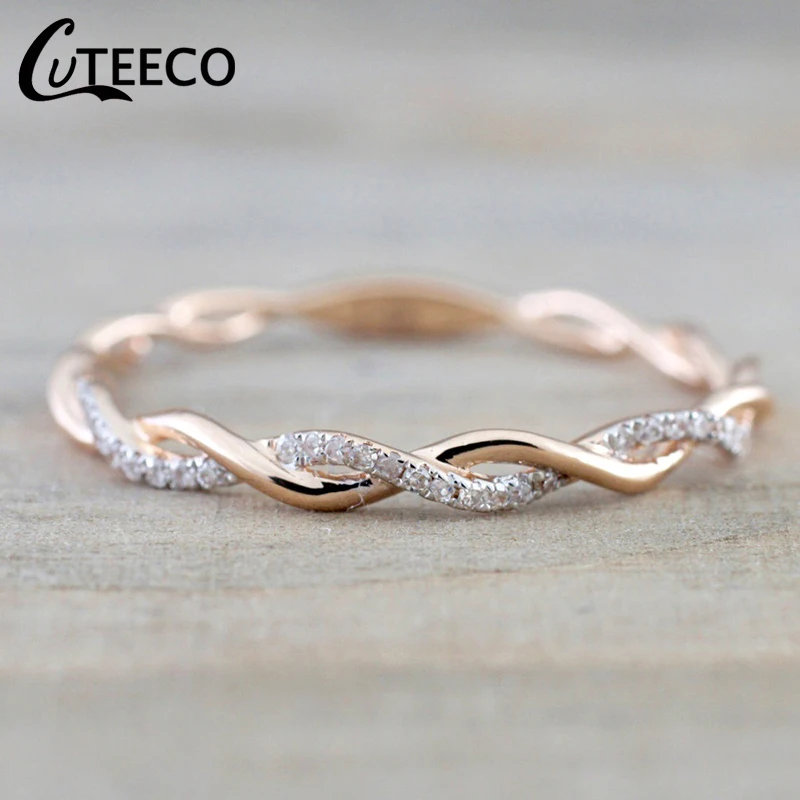 

CUTEECO Hot Sale Rose Gold Color Twist Cubic Zirconia Wedding Engagement Ring for Woman Girls Austrian Crystal Rings Bague Femme