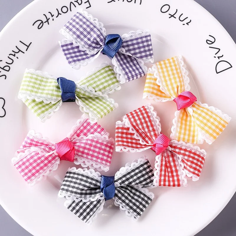 

New Korean version of lattice head Dog clip Princess Pet Bow headwear accessories wholesale 30pcs