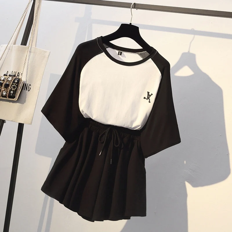 

2019 Women Fashion O-Neck Color Block Short Sleeve Top & Solid Shorts Set Pockets Girls Tshirt Shorts Two Pieces Set