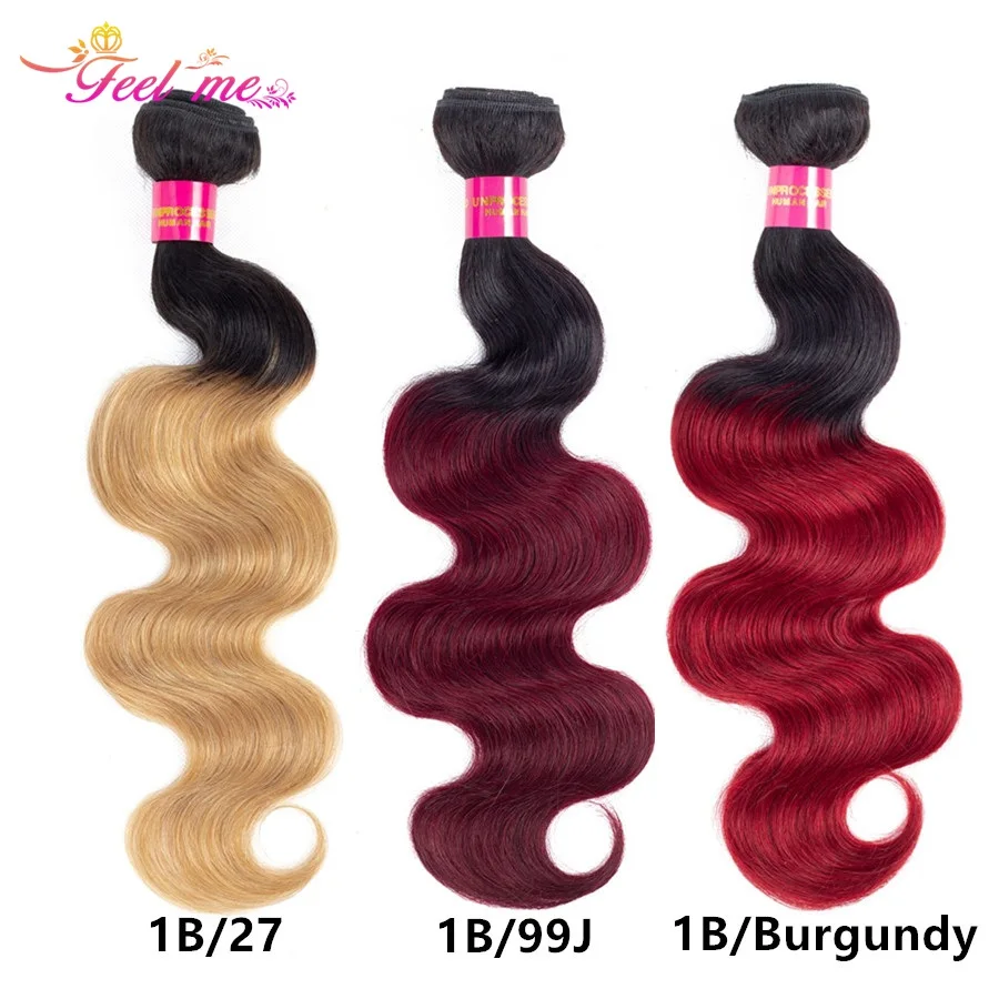 

Feel Me Brazilian Body Wave Bundles Ombre Human Hair Bundles Pre-Colored 1B/27 99J Burgundy Hair 1/3/4 Bundles Remy Hair Weaves