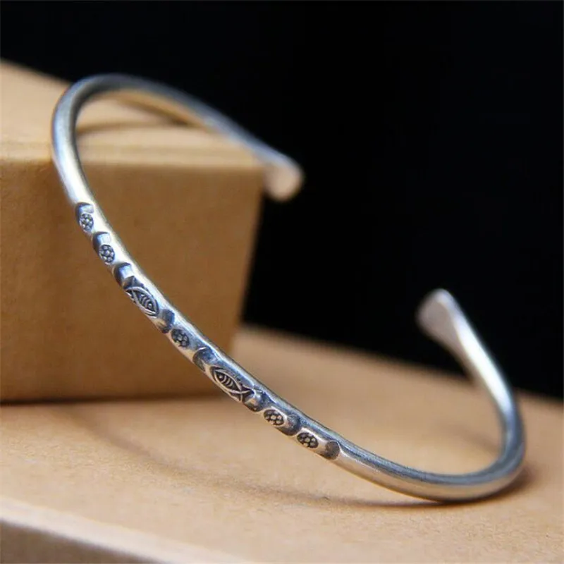 

2018 Vintage Fashion 925 Sterling Silver Jewelry Handmade Fish Carved Thai Silver Cuff Bracelets & Bangles Women Men