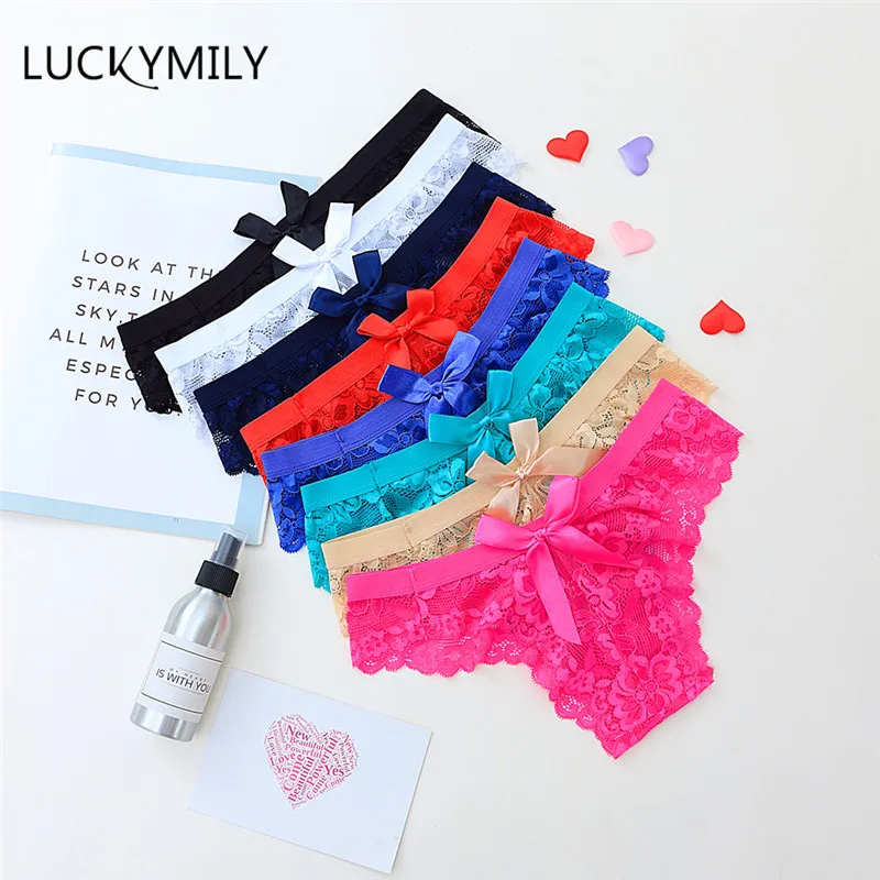 Luckymily Sexy Women Bowtie Panties Female Underwear Floral Lace Women Panties Breathable Ladies Low Waist Transparent Briefs