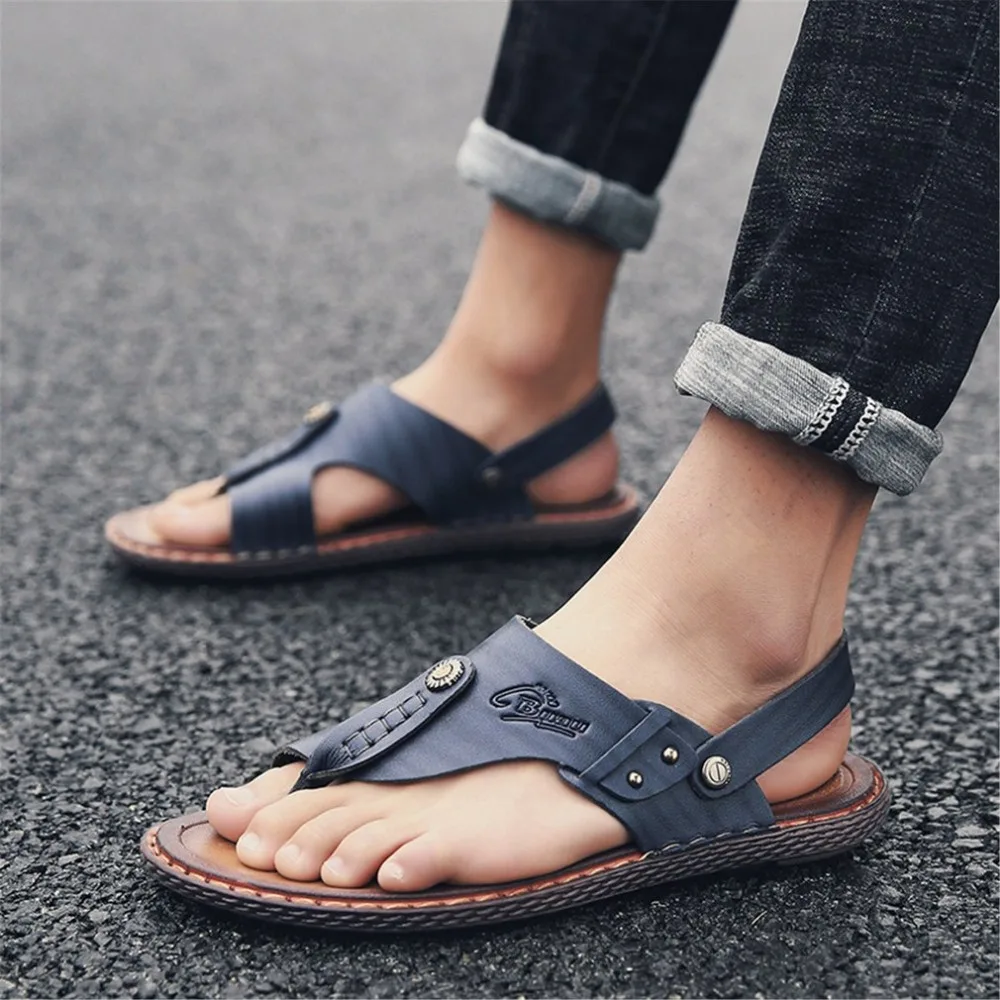 

Fashion Summer Anti-slip Sole Soft Leather Man Sandal Slip-on Slippers Breathable Hollow All-match Style Outdoor Beach Shoes