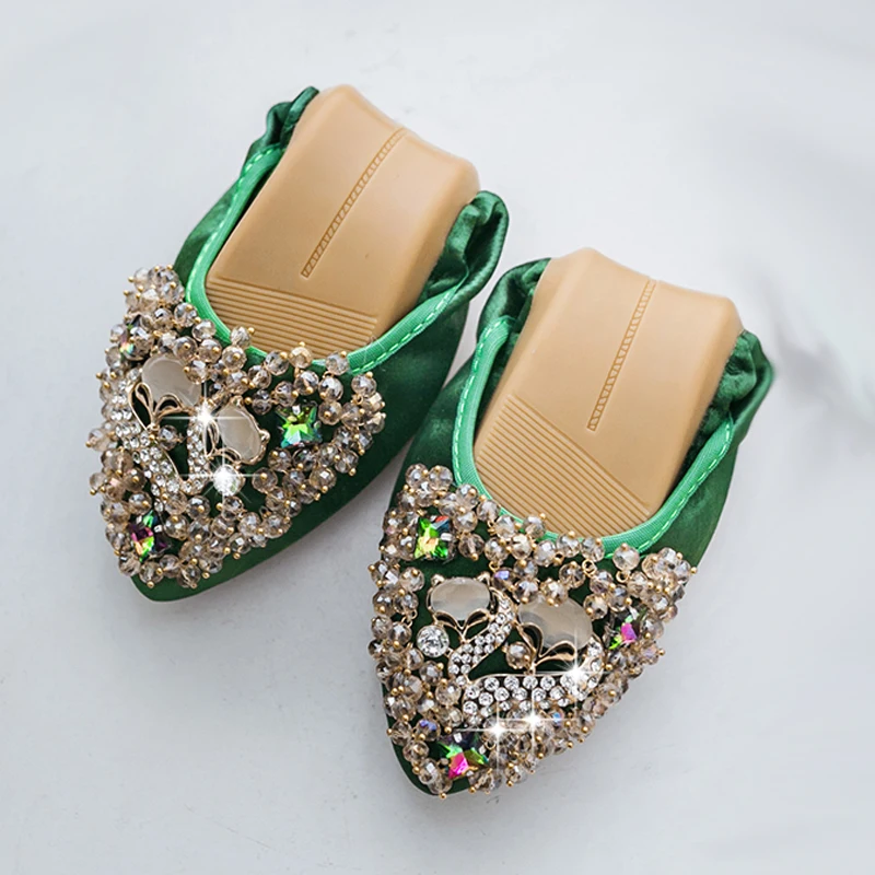 

Plus Size 35-42 Ladies Flat Shoes Fashion Bling Butterfly Rhinestone Women Flats Casual Leather Ballet Flats Fold Up Shoes