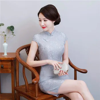 

Shanghai Story Lace Cheongsam Dress Qipao Faux Silk Chinese Oriental dress Chinese Women's Clothing Short Cheongsam