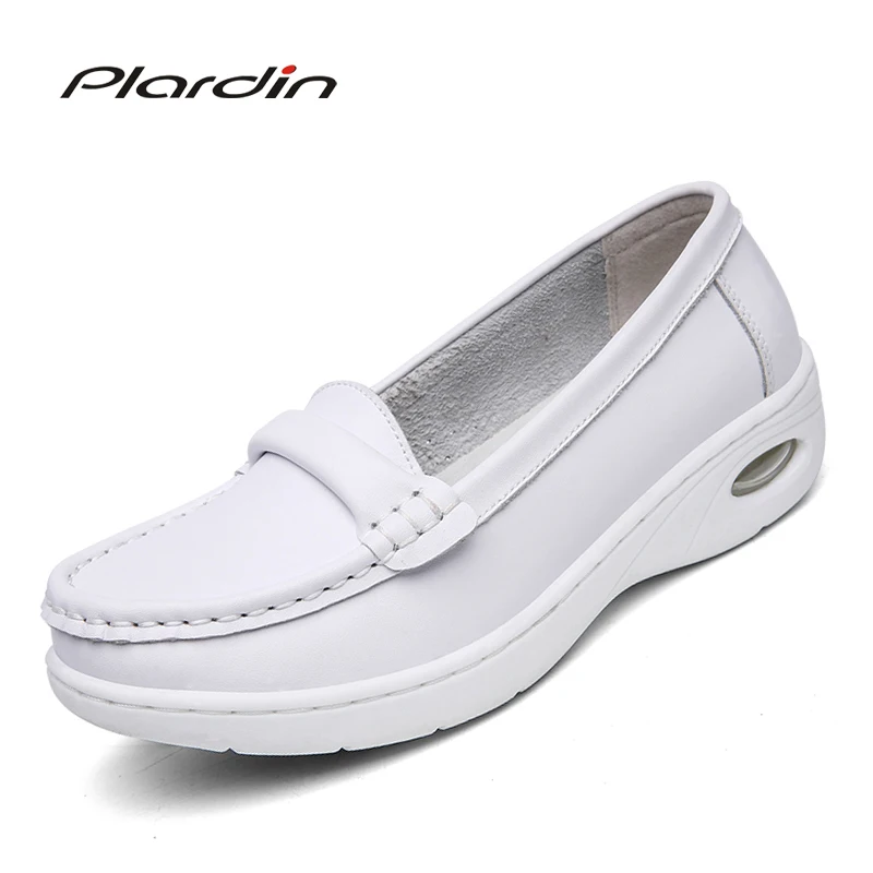 

plardin Four Seasons New Woman Pure white Nurse shoes women Platform soft Buckle Strap Air cushion casual genuine leather shoe