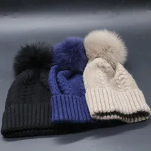 Новинка, шерстяные вязаные меховые шапки с помпонами, зимние высококачественные теплые супер мягкие модные шапки с помпонами из натурального Лисьего меха, милая шерстяная шапка