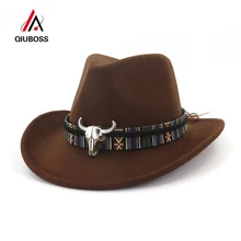 QIUBOSS унисекс Карнавальная ковбойская модная шляпа рулон полями шерсть фетр Fedora Мужские Женские западные шляпы металлический бык украшенный Трилби