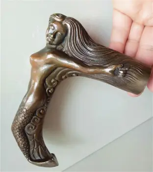

Lucky Handmade Bronze Carved Mermaid , Collect Statue Cane Walking Stick Head