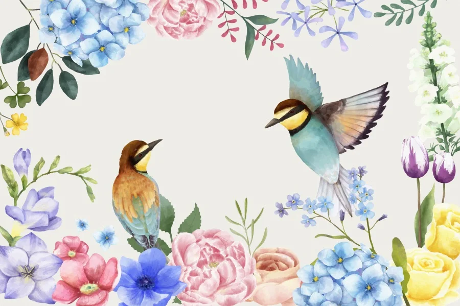 

Laeacco Blooming Flowers Birds Ink Painting Portrait Photography Background Customized Photographic Backdrop For Photo Studio