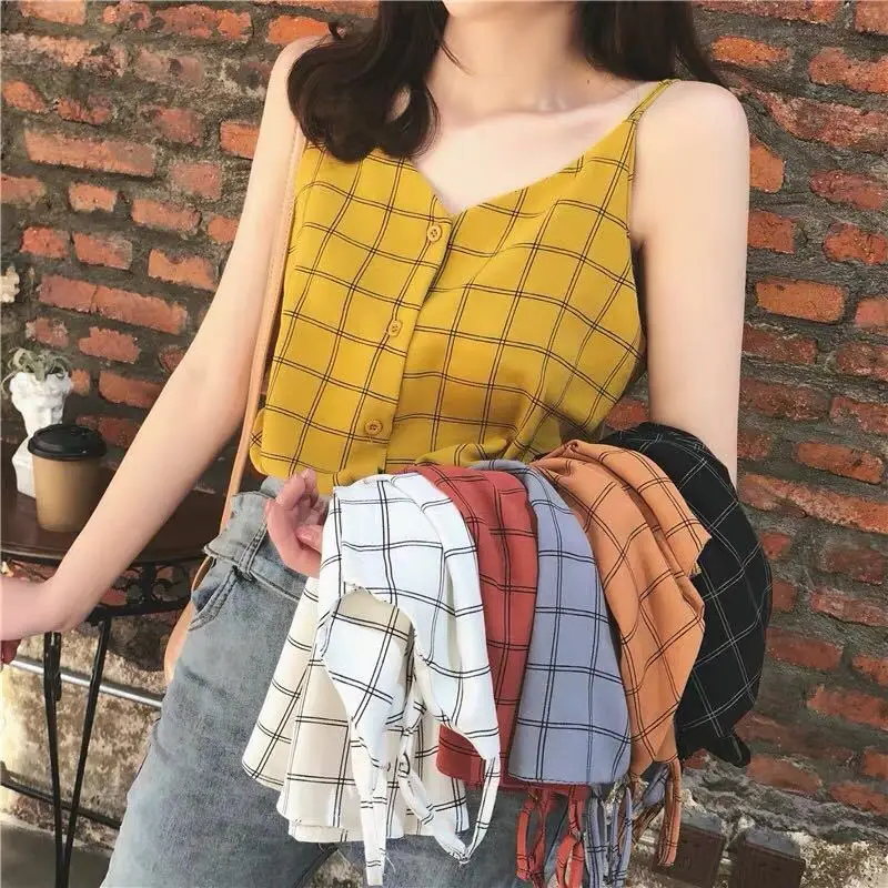 

2019 new Fashion Women Plaid Sling Shirt Female Short Sleeve Elastic Blouse Summer Lady Small Tops