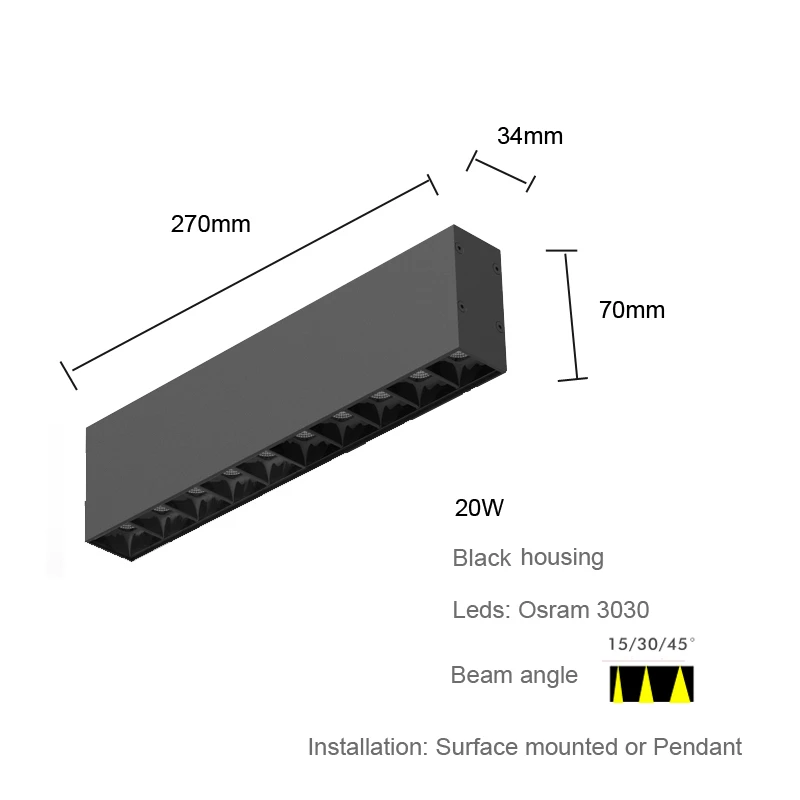Черный корпус 10 Вт 20 Вт 30 Вт линейное светодиодное освещение поверхностное крепление для кухни, столовой
