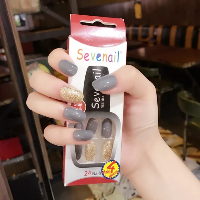 Designed Nails Oval Short Fake Glitter Nail Gel Polish Gramma Designed Nails Oval Short Fake Glitter Nail Gel Polish Gramma Grey False Kit Including