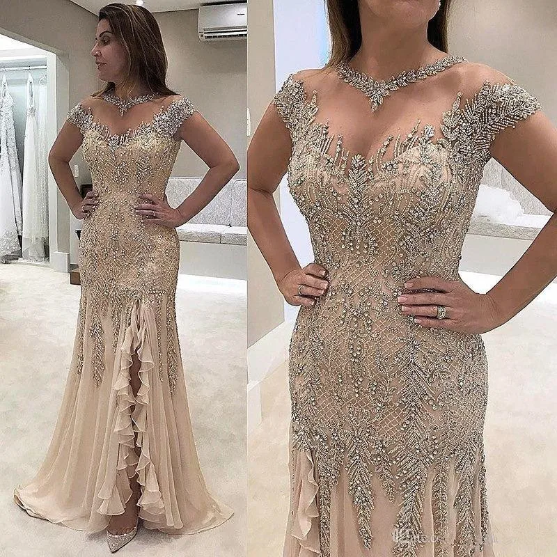 

Luxury Champagne Mermaid Evening Dresses 2019 Arabic Applique Beaded vestidos de fiesta de noche Sheer Formal Women Prom Dress
