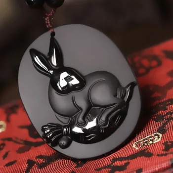 

A natural male and female Obsidian twelve zodiac Rabbit Pendant evil fortune transport wholesale supply accessories